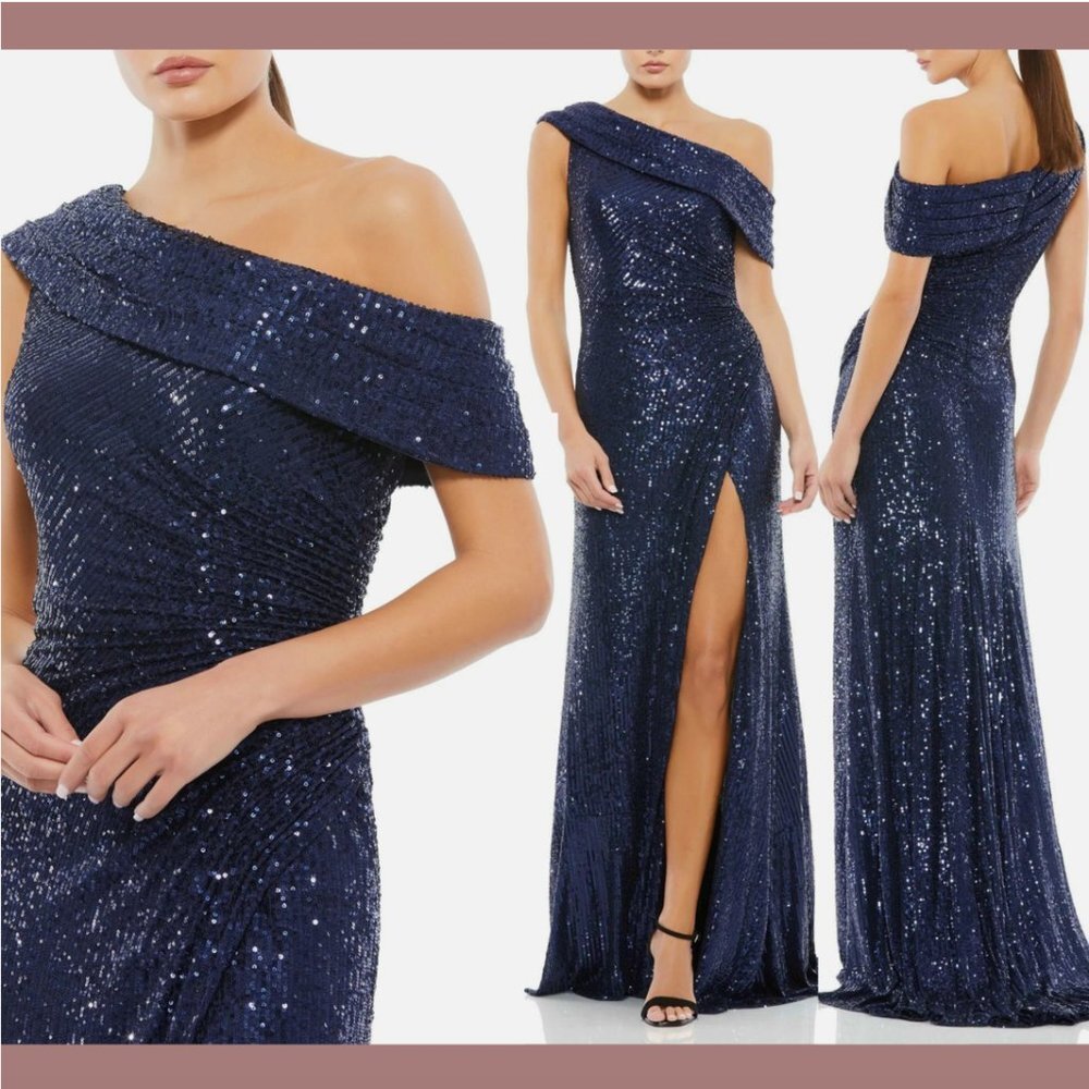 NWT $398 IEENA Mac Duggal [ 0 ] One Shoulder Ruched Sequined Gown Midnight #Q478